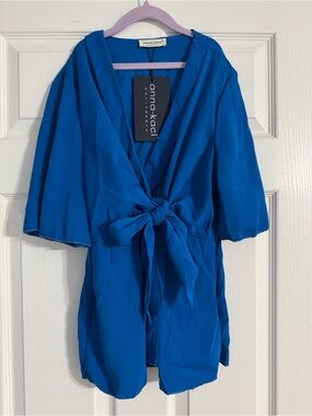 anna-kaci Royal Blue Tie-Front V-Neck Tunic Top